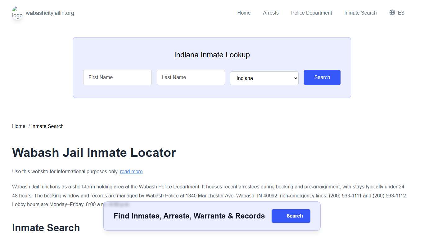 Wabash, IN Municipal Jail Inmate Search